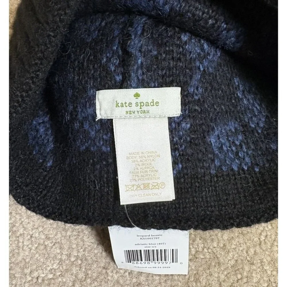 Kate Spade Poms Blue Black Beanie Hat Leopard Meow Retail $59